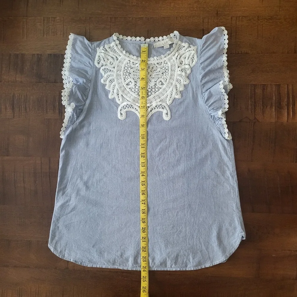 LOFT Women's Blue White Pinstripe Lace Yoke Top XS Ruffle Flutter Sleeve